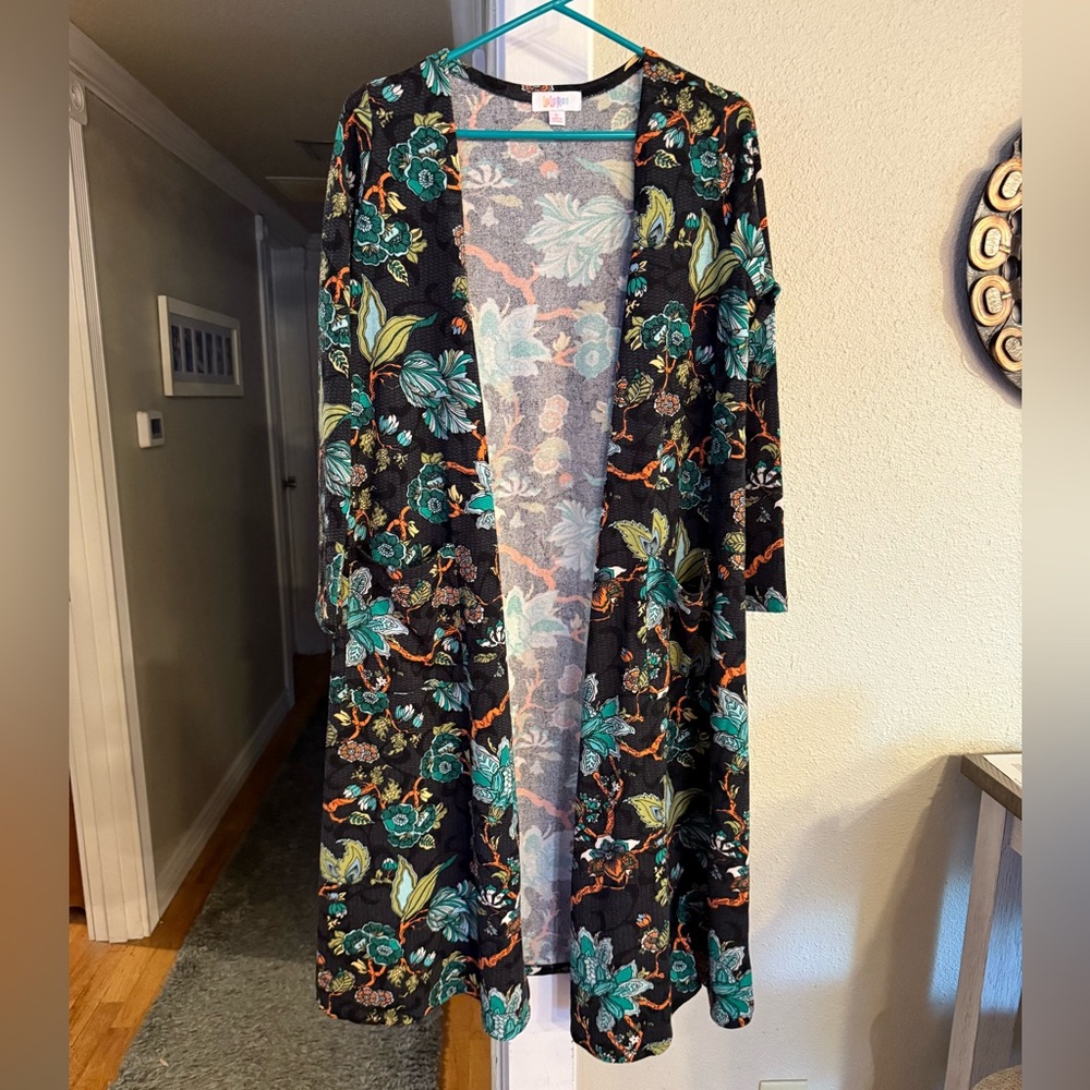 Lularoe Sarah Cardigan Duster Sweater Black Orange Green Floral Vines size Small